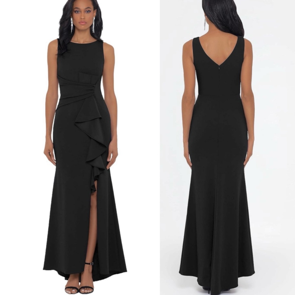 Betsy & Adam Scuba Crepe Boat Neck 
Cascading Ruffle Gown Size 8 black NWT